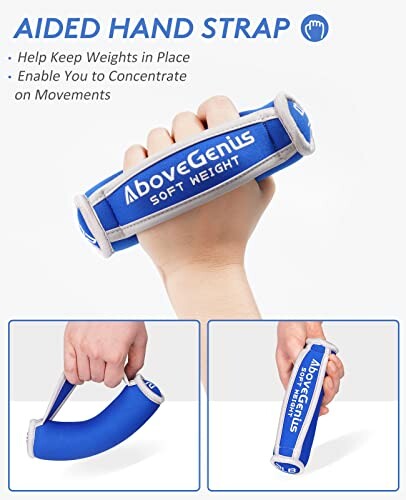 Aided hand strap holding soft weight with AboveGenius branding.