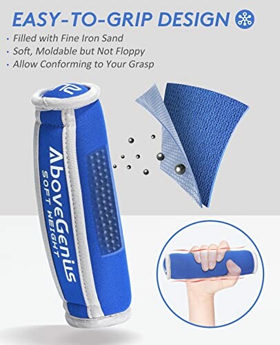 Blue soft weight with easy-to-grip design and hand holding it.