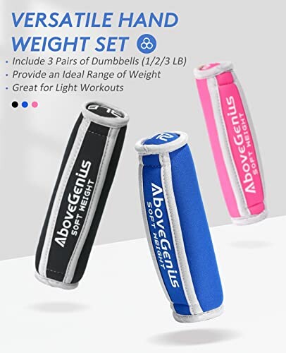 Versatile hand weight set with three pairs of dumbbells in different colors.